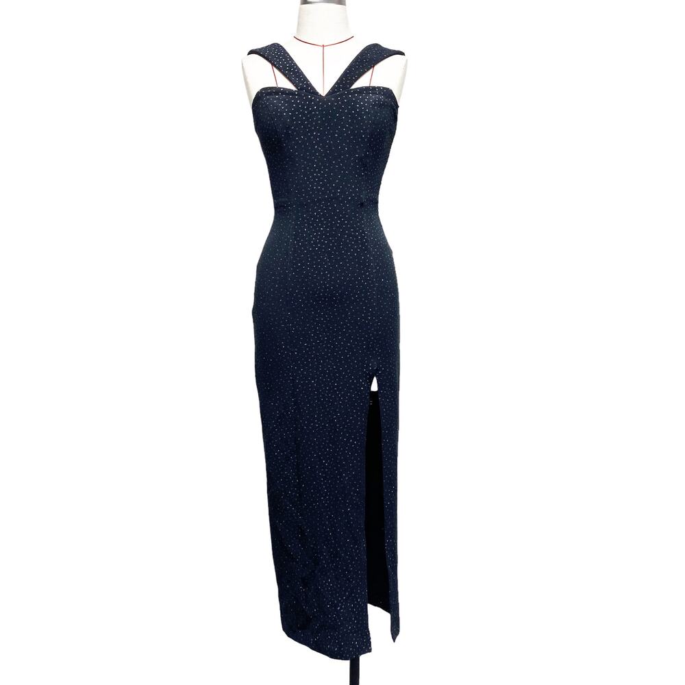 Vintage L.A. Glo Black Glitter Dot Side Slit Grecian Neck Dress